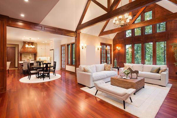 Beautiful living room with hardwood floors, fireplace and couch in new luxury home